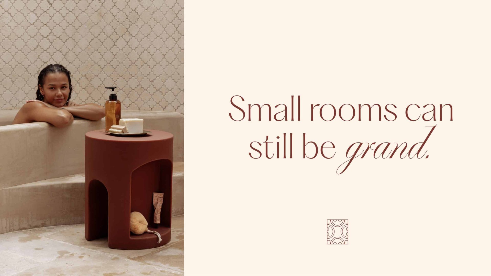 An advertisement for a luxury bathroom stool next to a woman sitting in a bath
