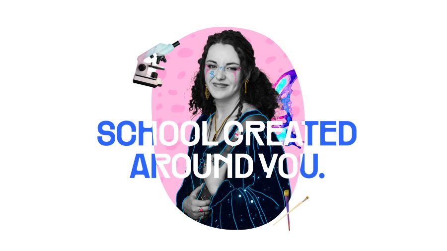 Website homepage design showing custom brand photography and handmade graphics for Jabiru Community College, featuring a bright, bold, clean aesthetic and queer-friendly rainbow tones.