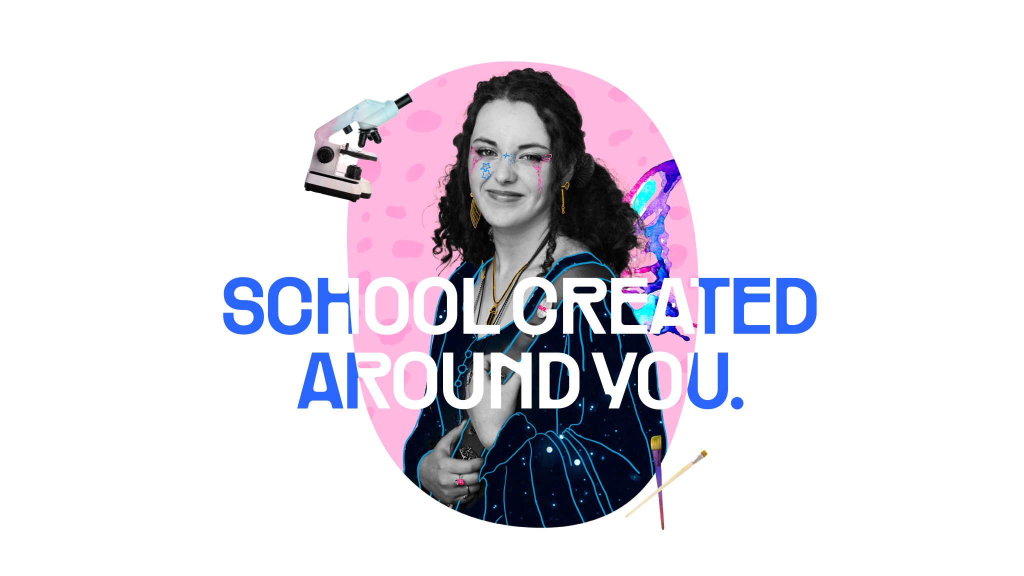 Website homepage design showing custom brand photography and handmade graphics for Jabiru Community College, featuring a bright, bold, clean aesthetic and queer-friendly rainbow tones.