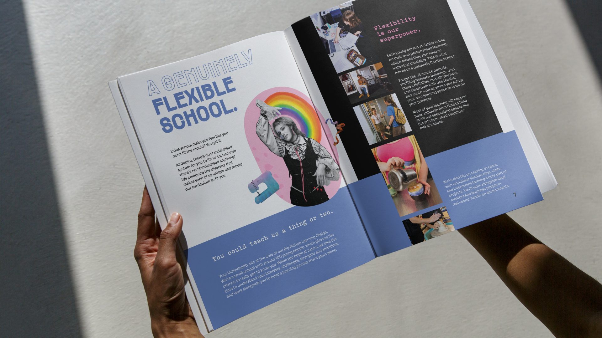 Brochure showing custom brand photography and handmade graphics for Jabiru Community College, featuring a bright, bold, clean aesthetic and queer-friendly rainbow tones.