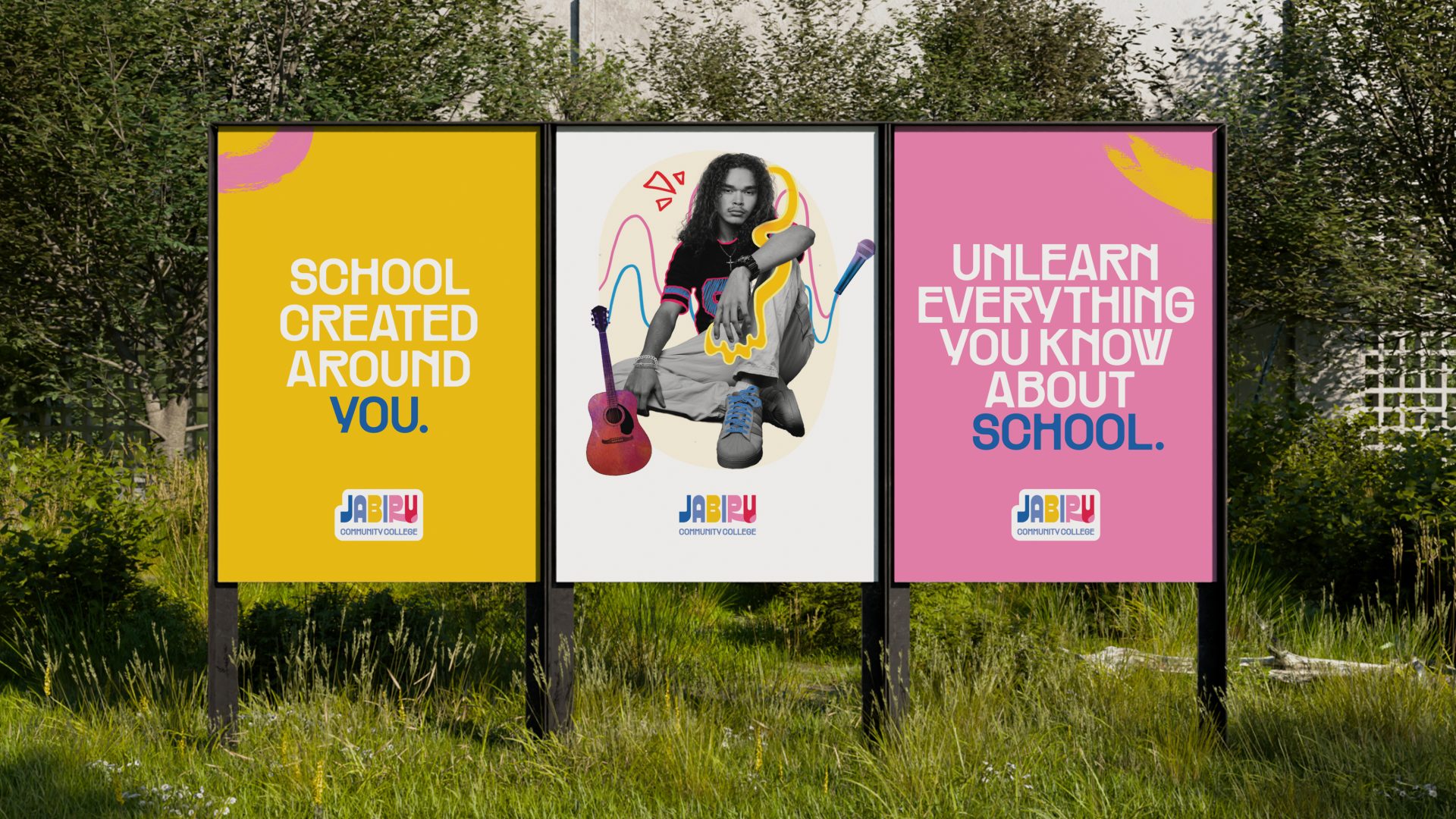 Outdoor billboard design showing custom brand photography and handmade graphics for Jabiru Community College, featuring a bright, bold, clean aesthetic and queer-friendly rainbow tones.