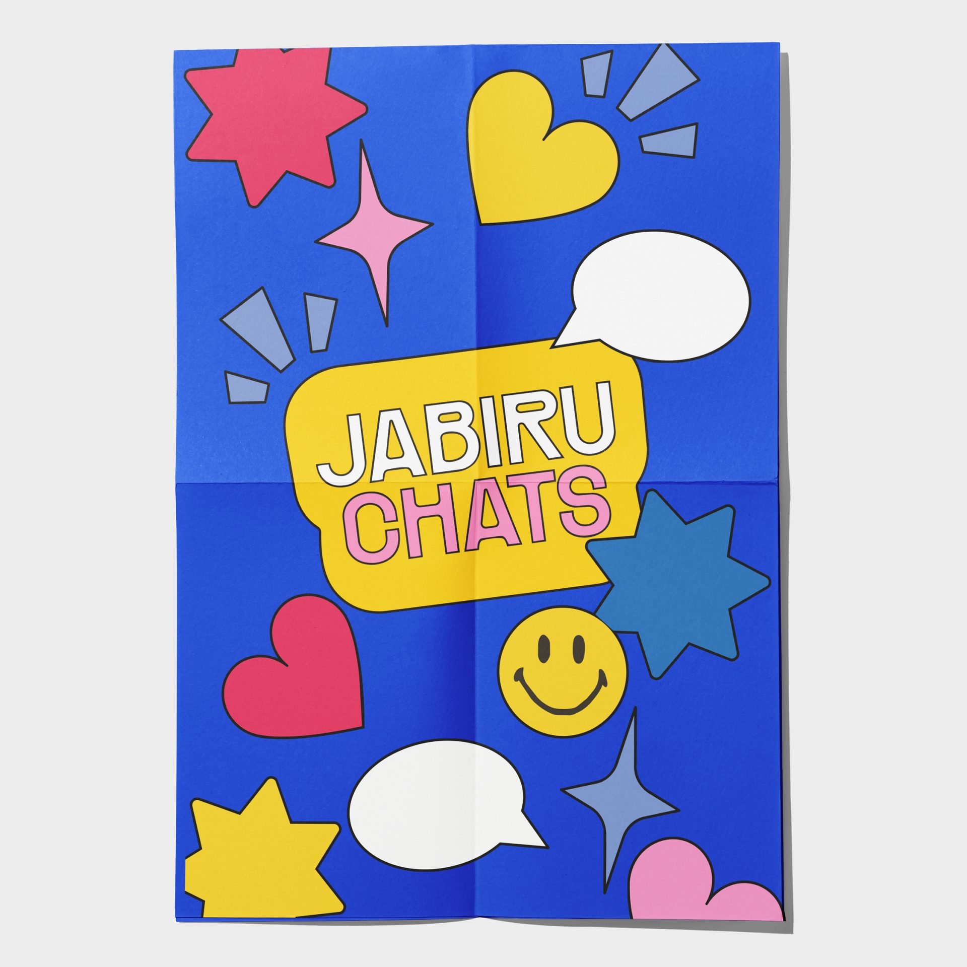 Poster showing custom graphics and icons for Jabiru Community College, featuring a bright, bold, clean aesthetic and queer-friendly rainbow tones.