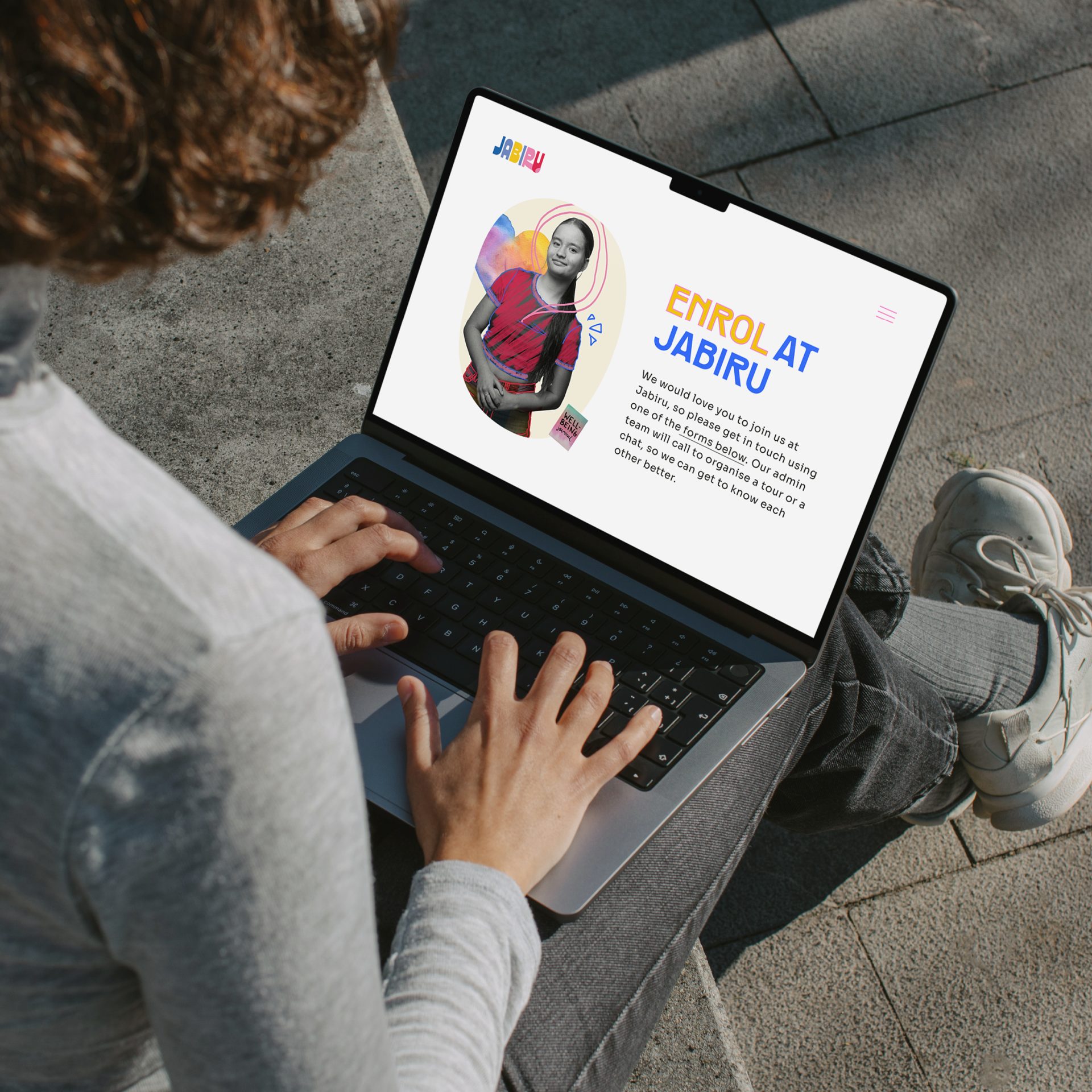 Website page showing authentic handmade graphics, logo design and brand photography for Jabiru Community College, featuring a bright, bold, clean aesthetic and handmade graphics overlaid on black and white photography.