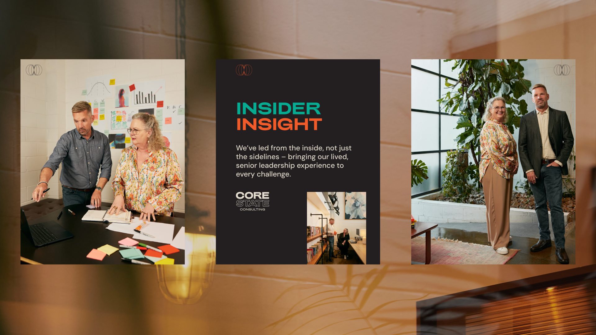 Social media content design for business consultants Core State Consulting, featuring a clean aesthetic and futuristic geometric style