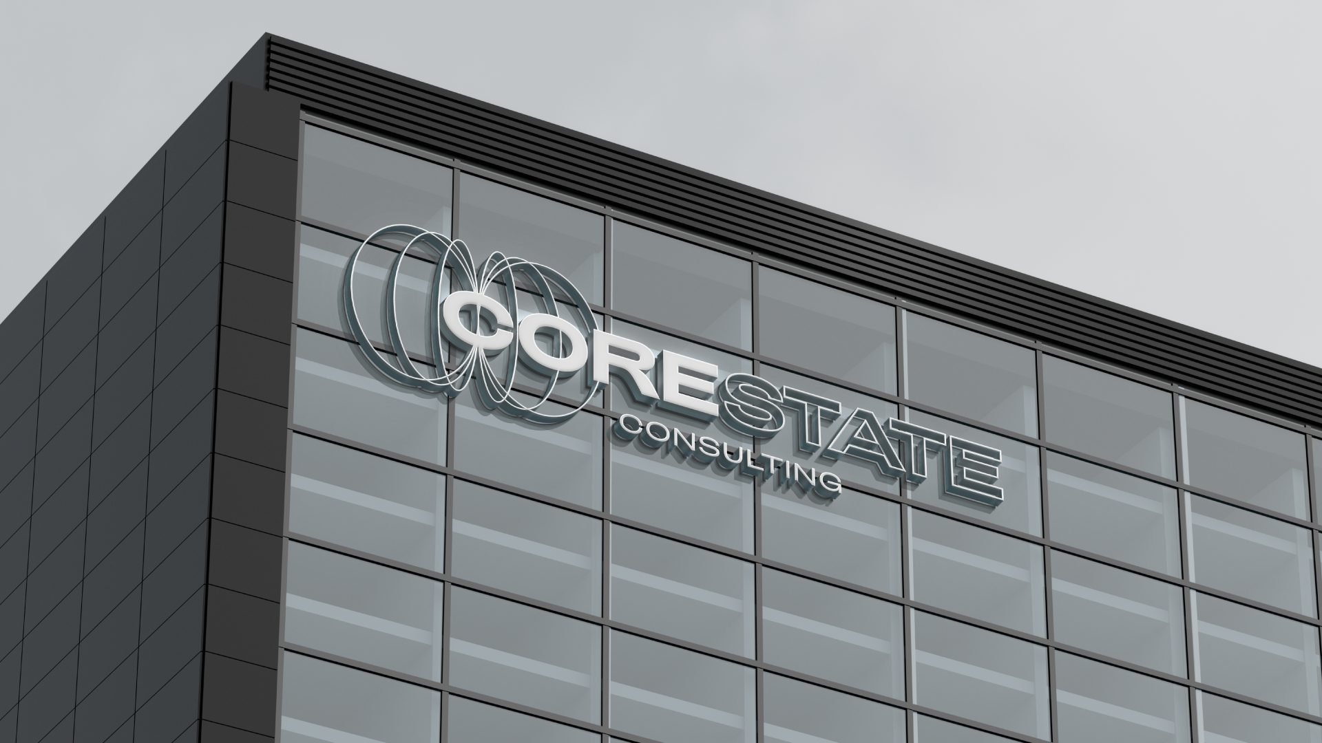 Corporate logo design for Core State Consulting, featuring a clean aesthetic and geometric futuristic style applied to a large office building.