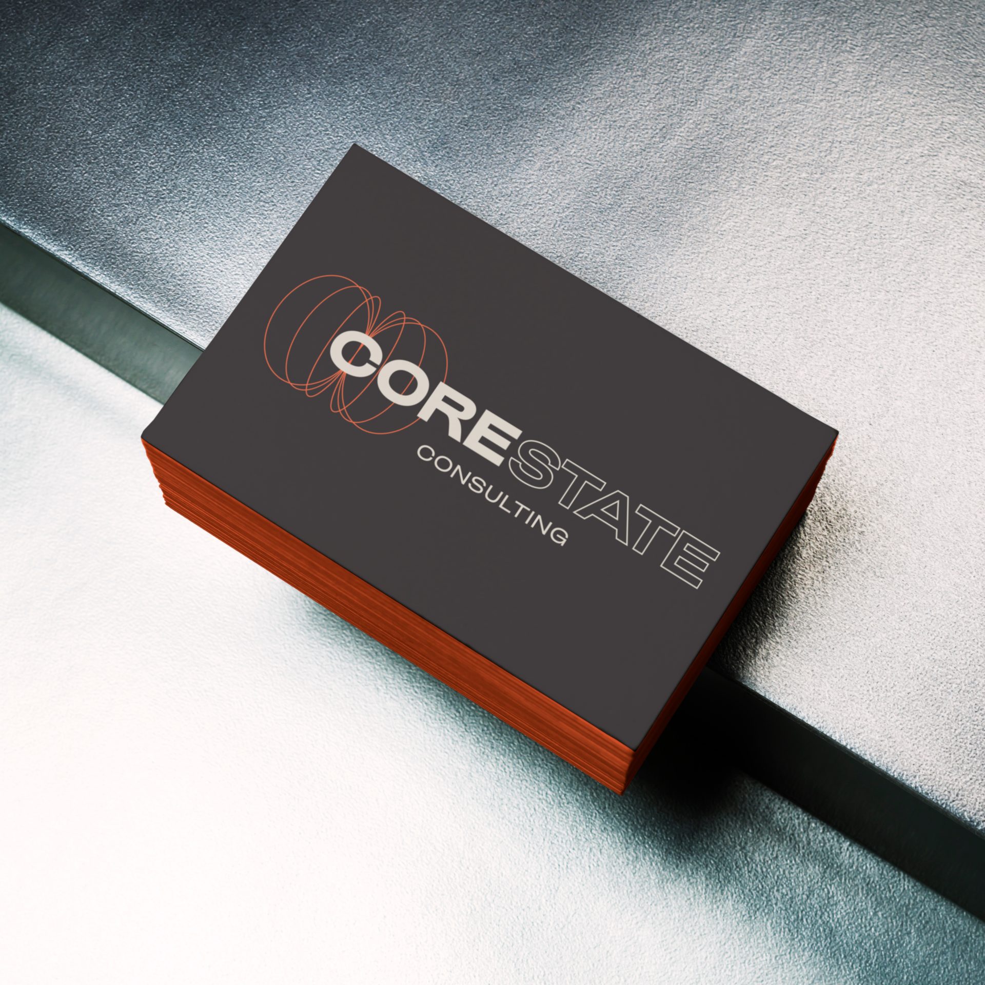 Corporate logo design and business card for Core State Consulting, featuring a clean aesthetic and geometric futuristic style