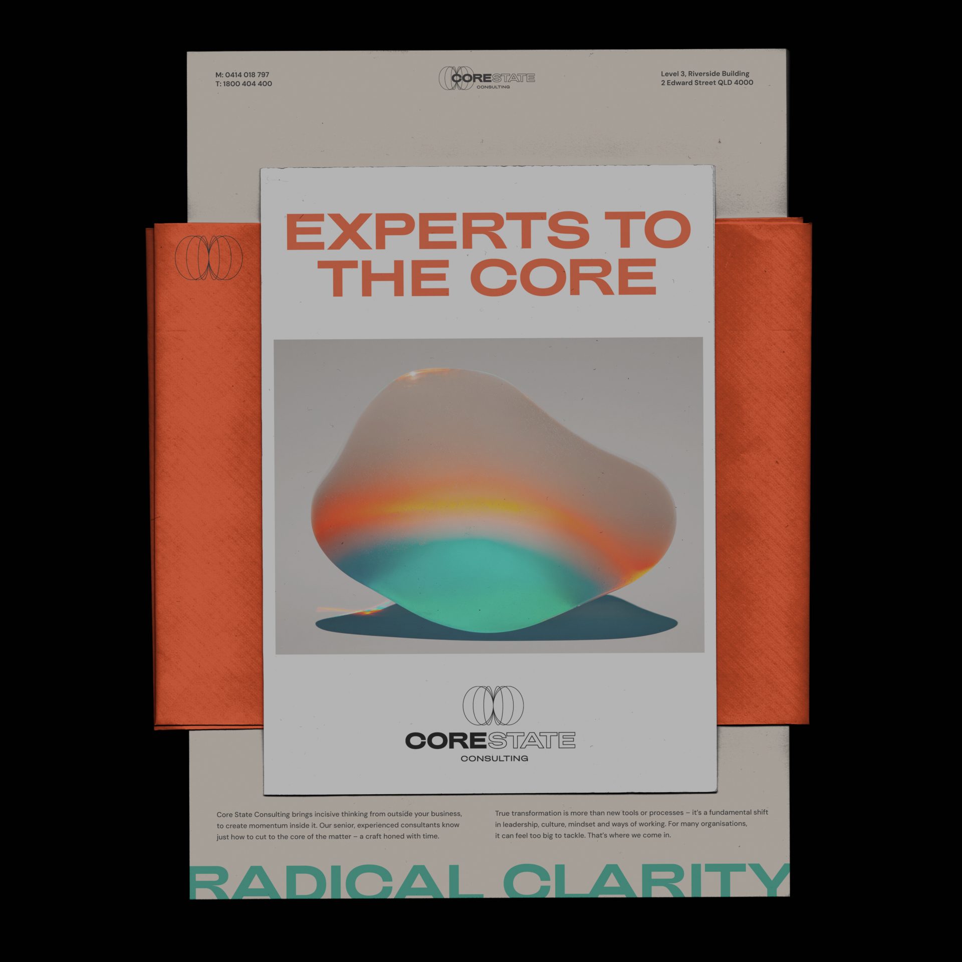Corporate logo design and corporate stationery for Core State Consulting, featuring a clean aesthetic and geometric futuristic style